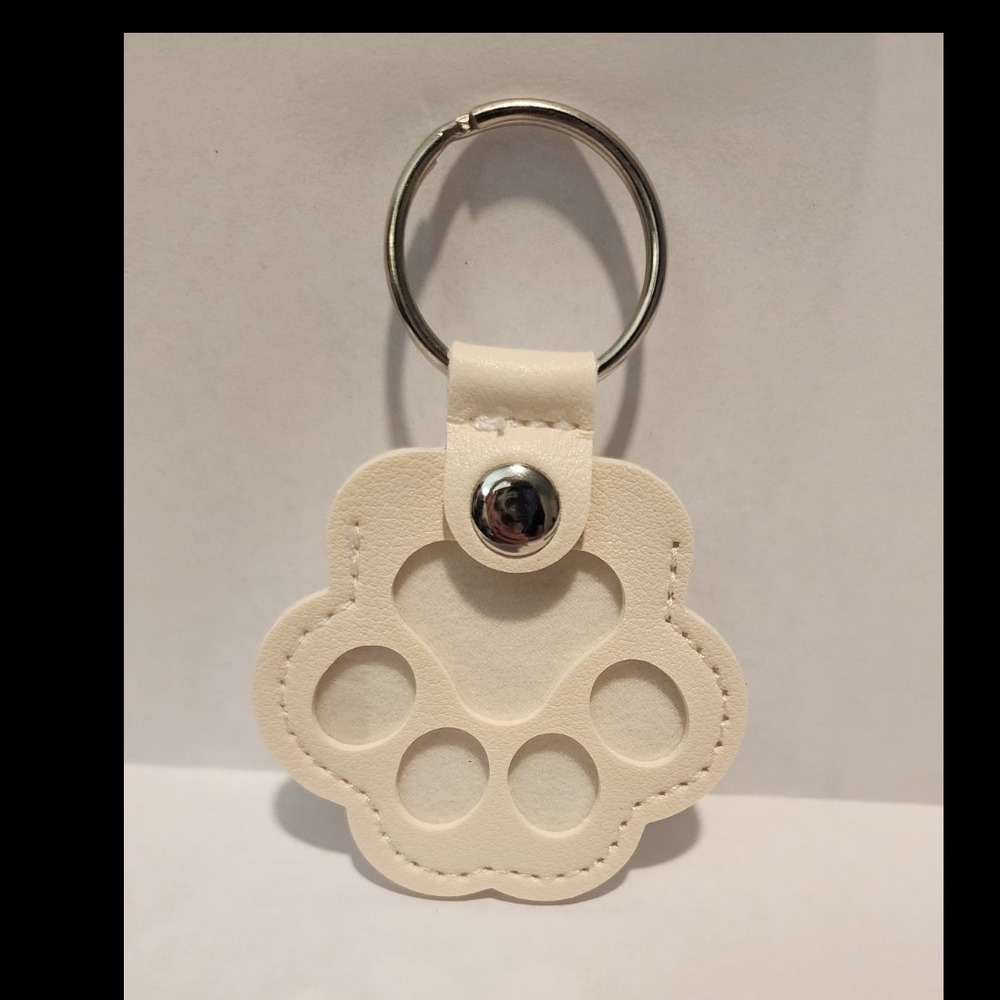 White Faux Leather Paw Print Keychain Silver Tone Ring Snap Closure Pet Lover
